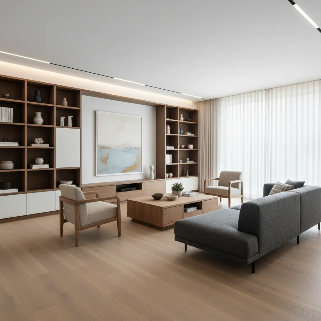 Modern living room with grey sofa wooden coffee table large wall cabinet and light wood floor