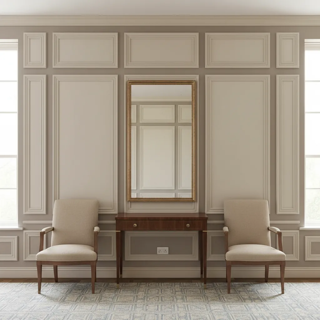 Symmetrical room with beige wall panels two chairs a wood table and a large mirror