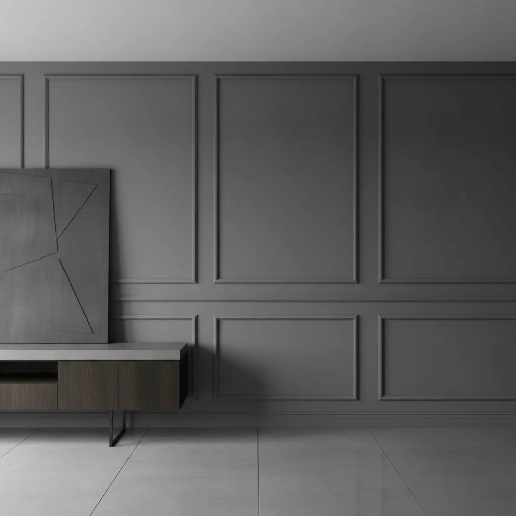 Dark grey wall with rectangular wall panel molding, dark wood cabinet, and minimalist art piece