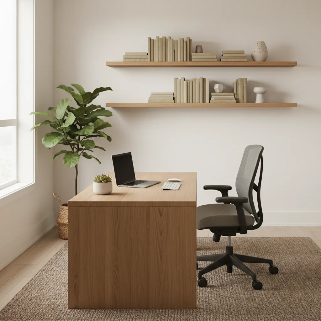 Minimalist home office featuring wooden desk, grey chair, laptop, green plant, and wooden wall shelves.