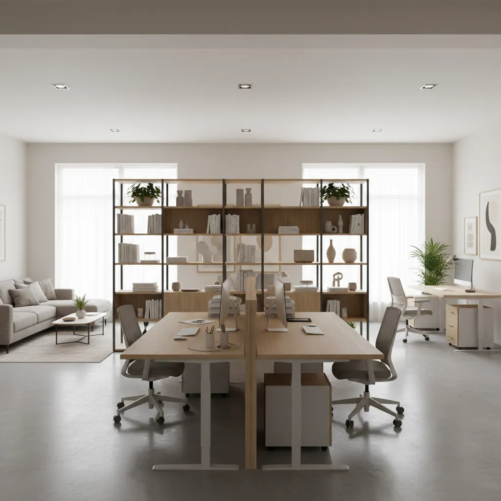 Modern open office layout with wooden desks, gray chairs, large bookshelf divider, and comfortable sofa
