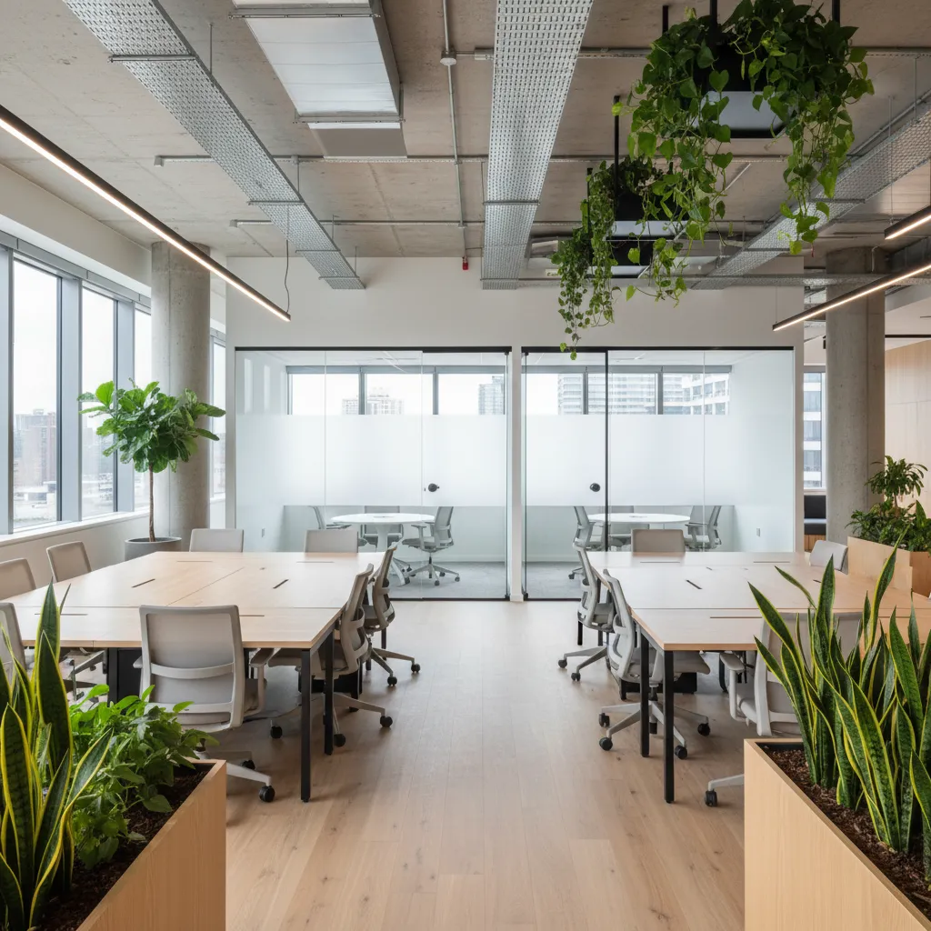 Bright open office workspace with wooden desks grey chairs glass walls and hanging green plants