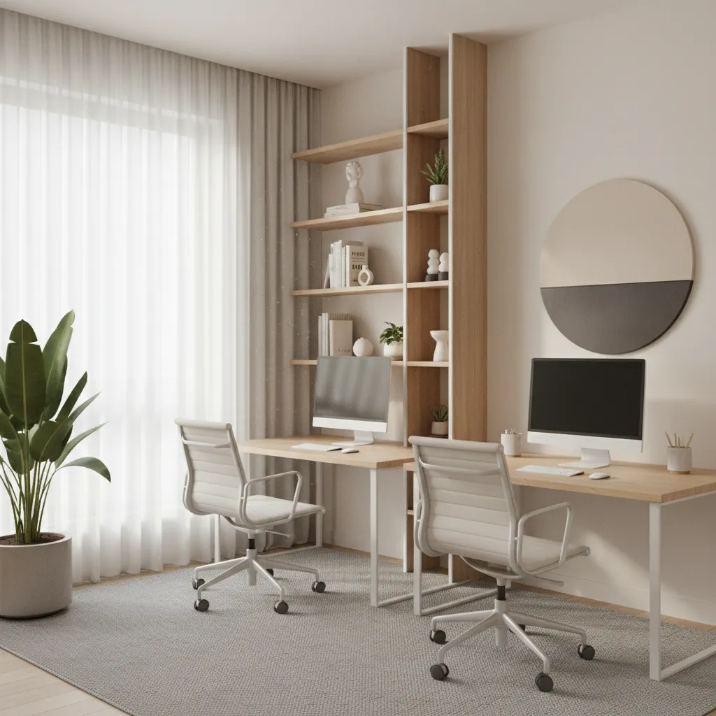 Modern home office with two wood desks, white chairs, tall bookshelf, and natural window light