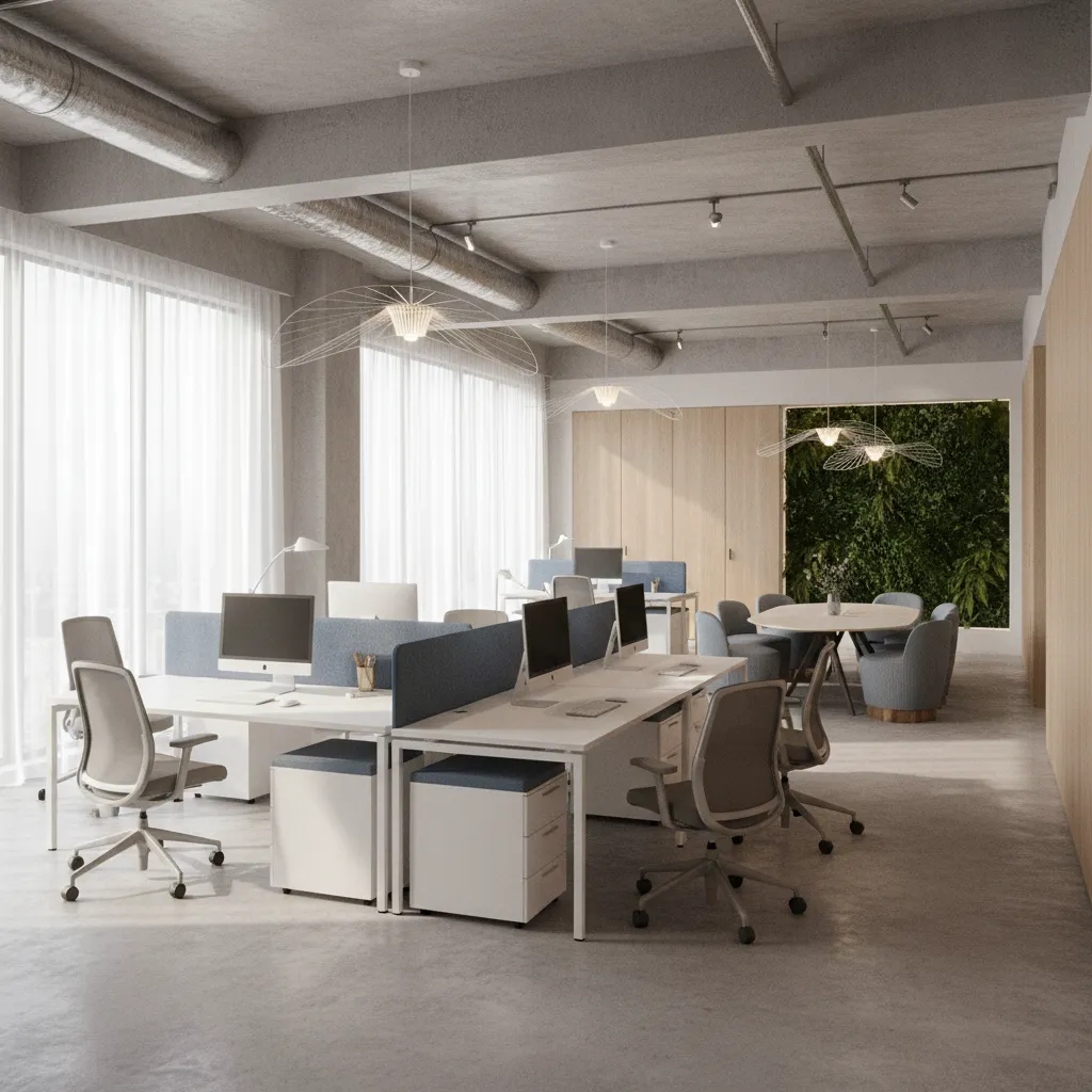 Modern open office featuring white desks, blue dividers, grey chairs, concrete ceiling, and decorative lights