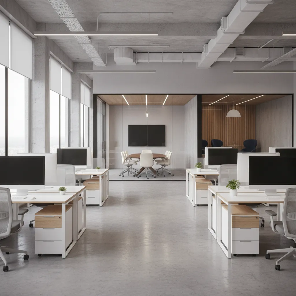 Modern interior design drawing of an office with white desks grey chairs and meeting room