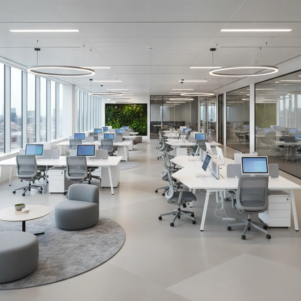 Espacio de oficina moderna con áreas de trabajo colaborativo