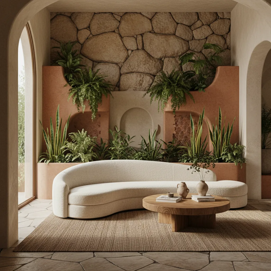 Interior con diseño orgánico y formas curvas naturales