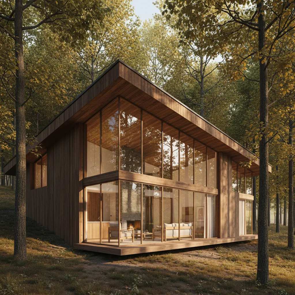 Casa de madera con grandes ventanales orientados hacia el sol