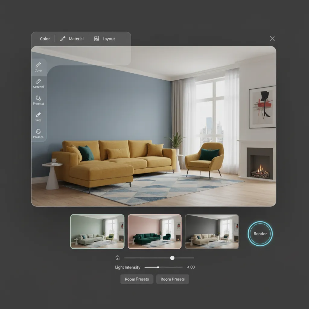 Visualización 3D de una habitación probando diferentes paletas de color