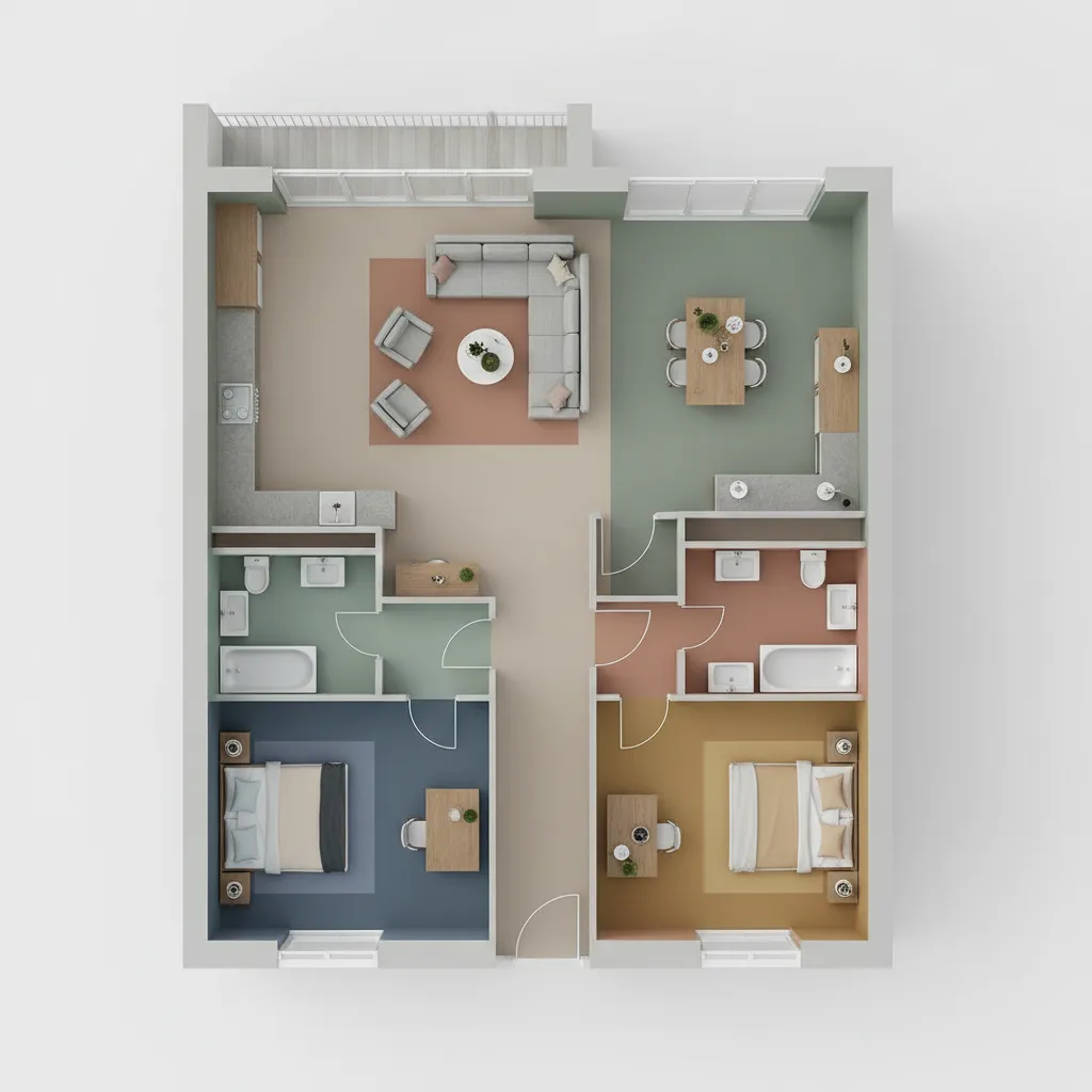 Vista de plano interior con diferentes colores aplicados a cada habitación