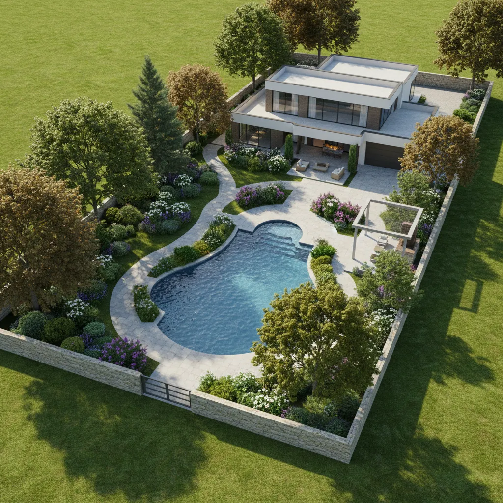 Aerial view of luxury house with swimming pool and garden shown in interior design drawing