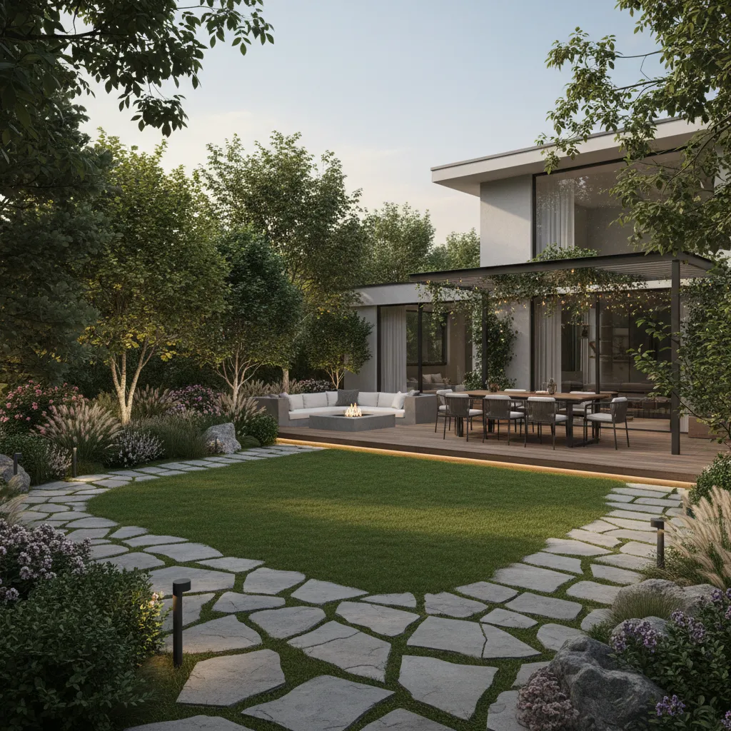 Modelo 3D de patio trasero con vegetación y caminos