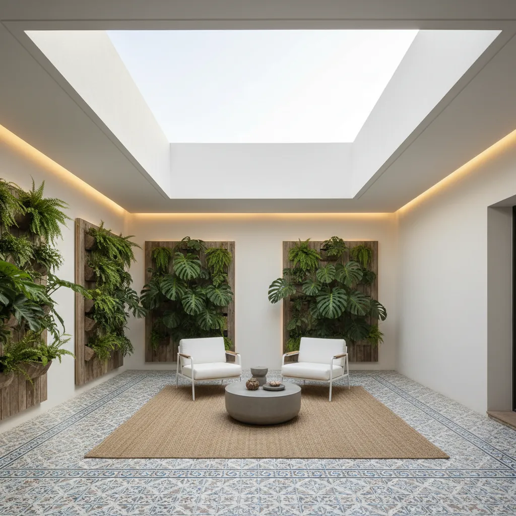 Patio interior moderno con suelo cerámico y jardineras