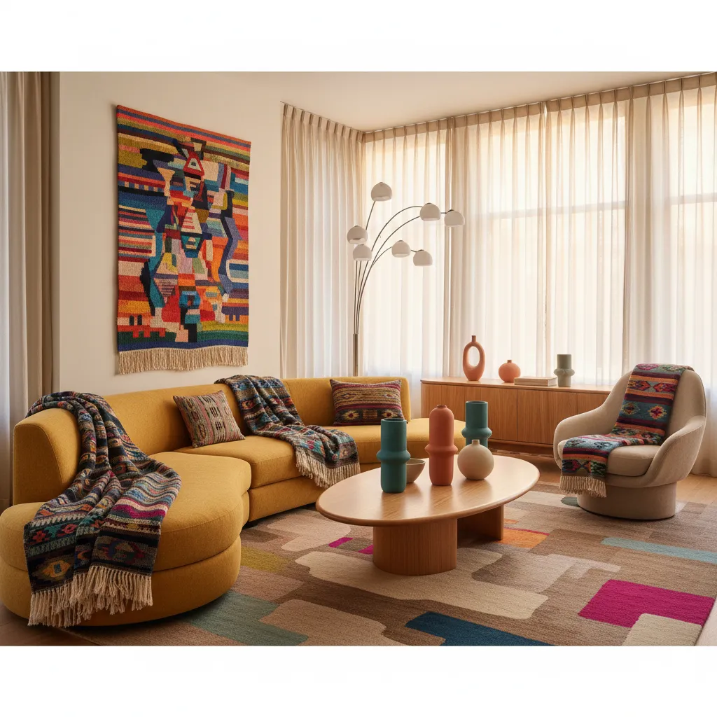 Interior contemporáneo con textiles coloridos y formas orgánicas