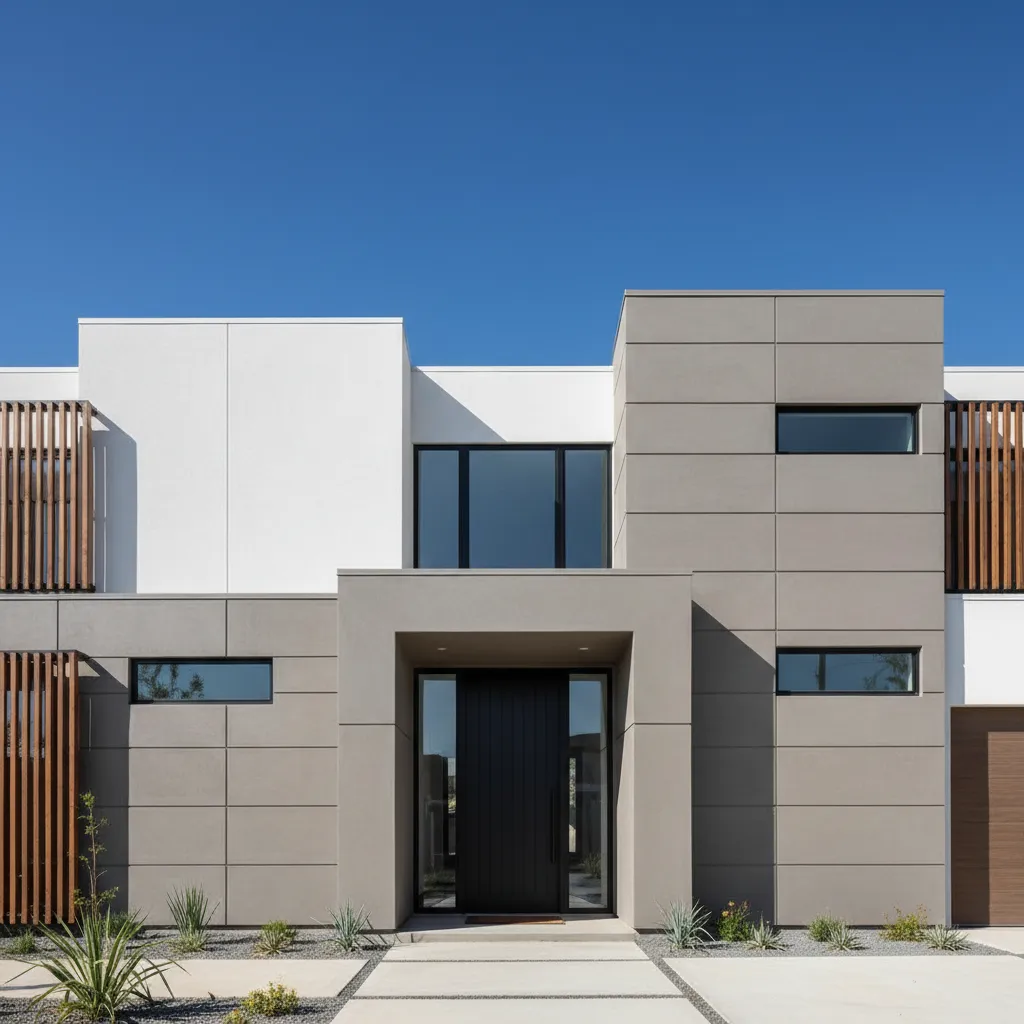 Modern house exterior featuring grey and white wall panels large windows and a black door