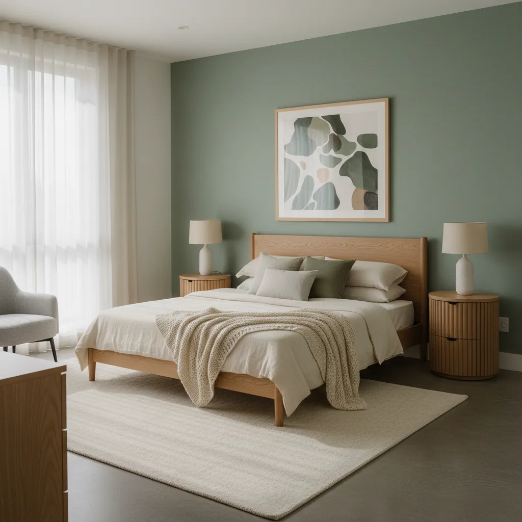 Minimalist bedroom with green wall, wooden bed, white bedding, two lamps, and framed abstract art