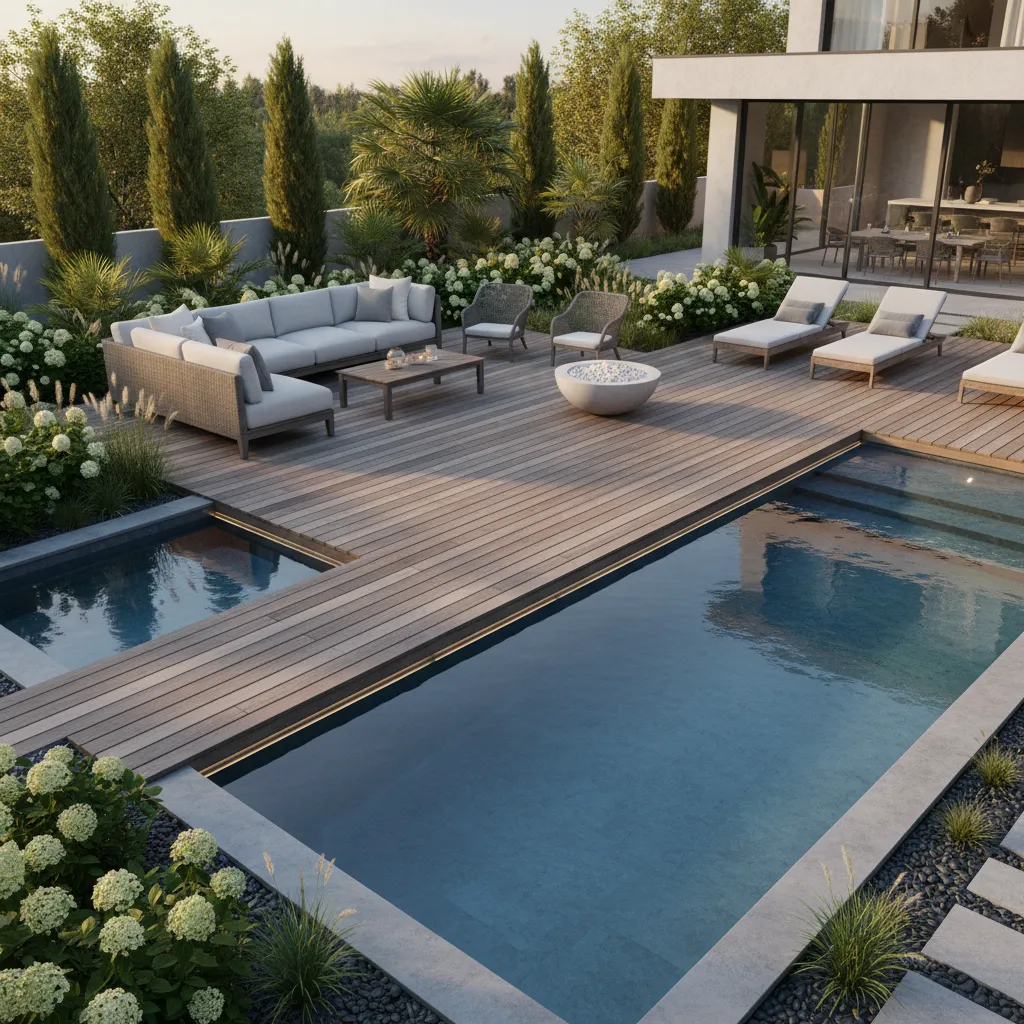 Piscina integrada con terraza de madera y jardín