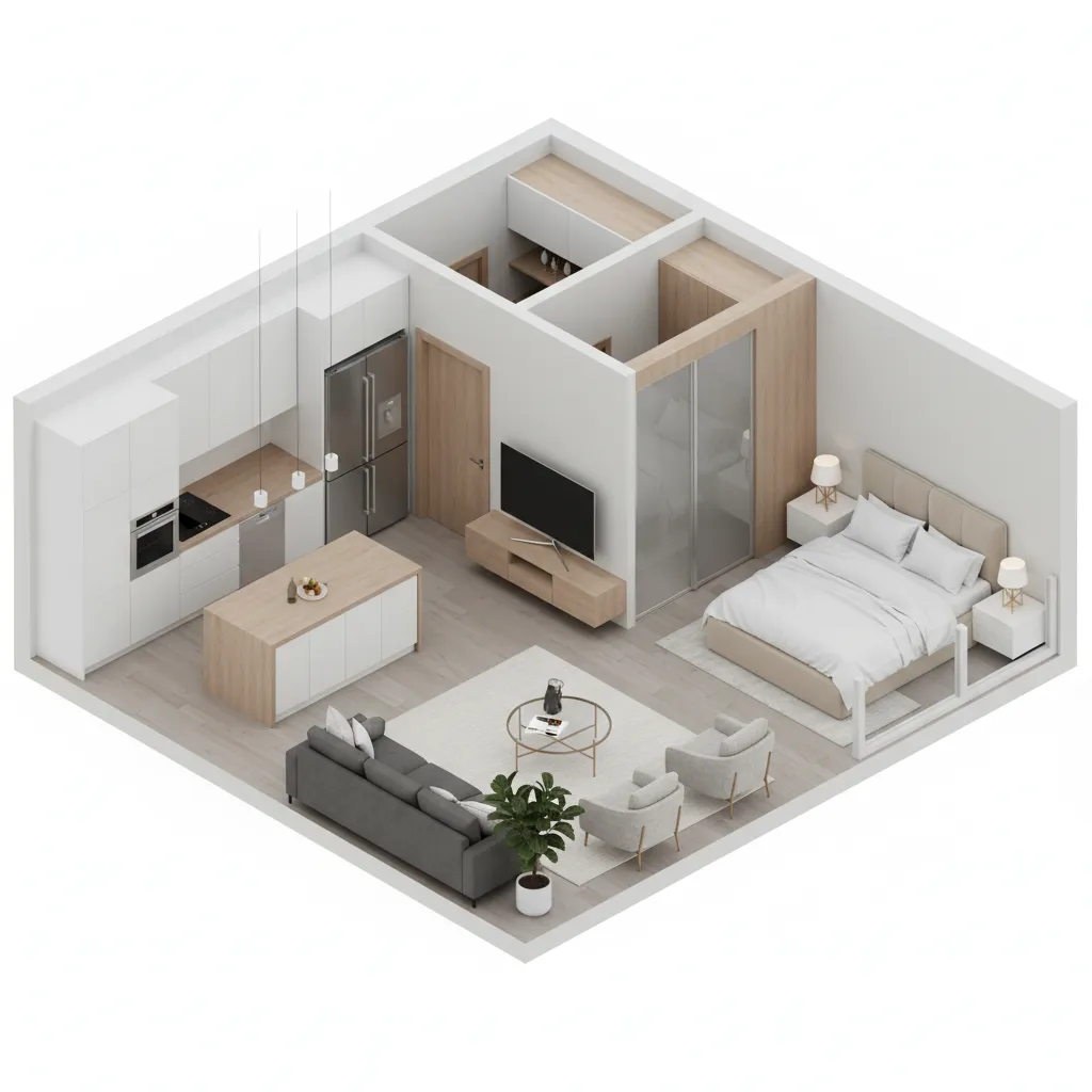 Plano de vivienda en 3D mostrando distribución de habitaciones