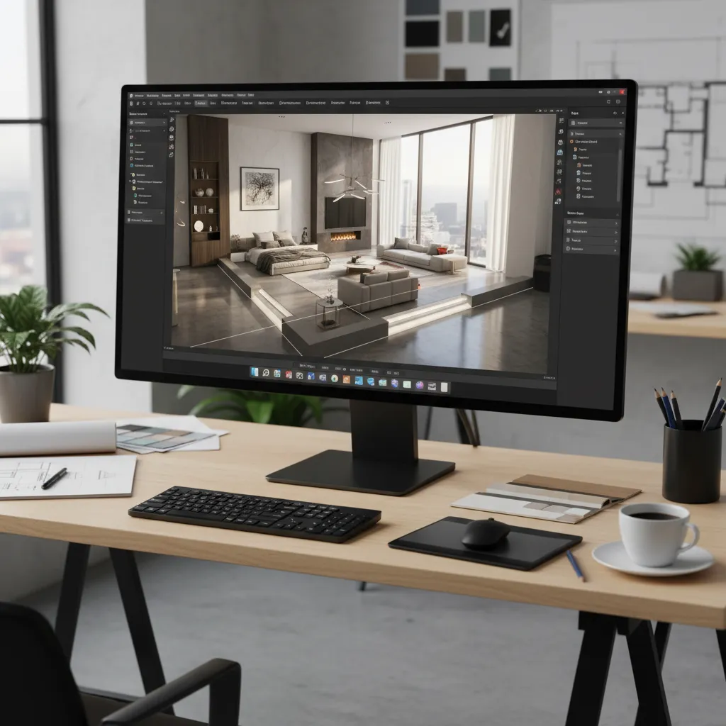 Computer monitor showing modern interior design drawing of living room layout on professional designer desk