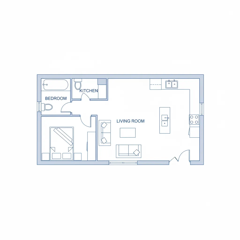 Plano de casa en vista 2D con habitaciones etiquetadas y distribución clara