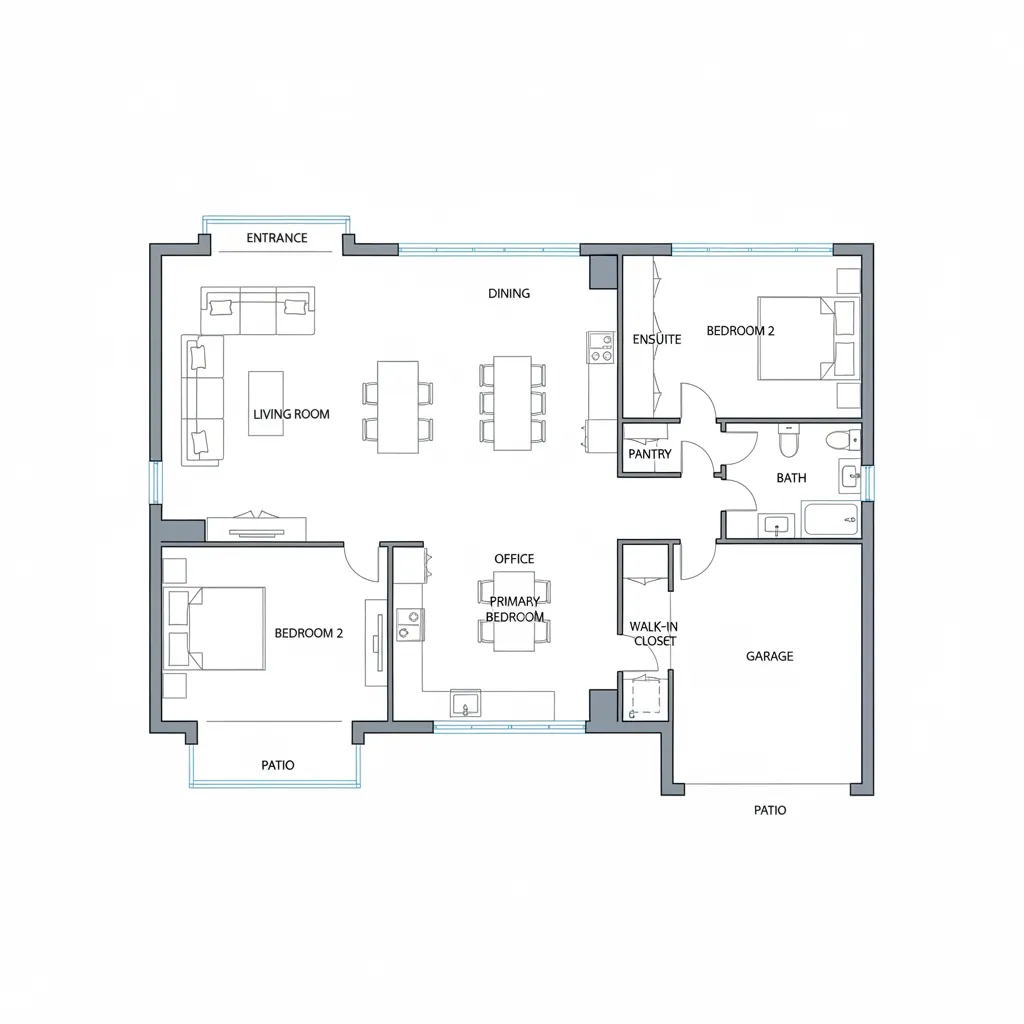 2D floor plan layout showing living room dining area two bedrooms office garage and patio