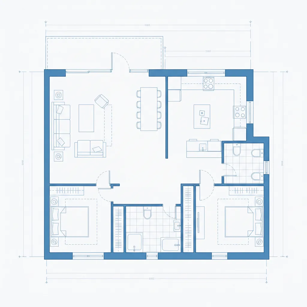 Plano 2D de una vivienda con distribución de habitaciones