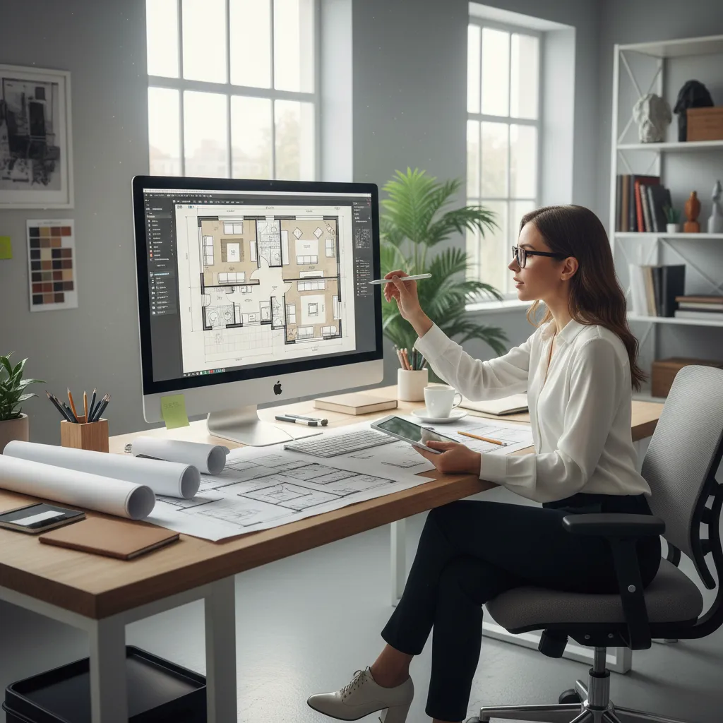Diseñador creando plano de casa en 2D en ordenador