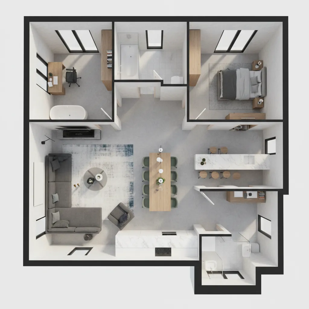 Visualización 3D de plano de casa con muebles