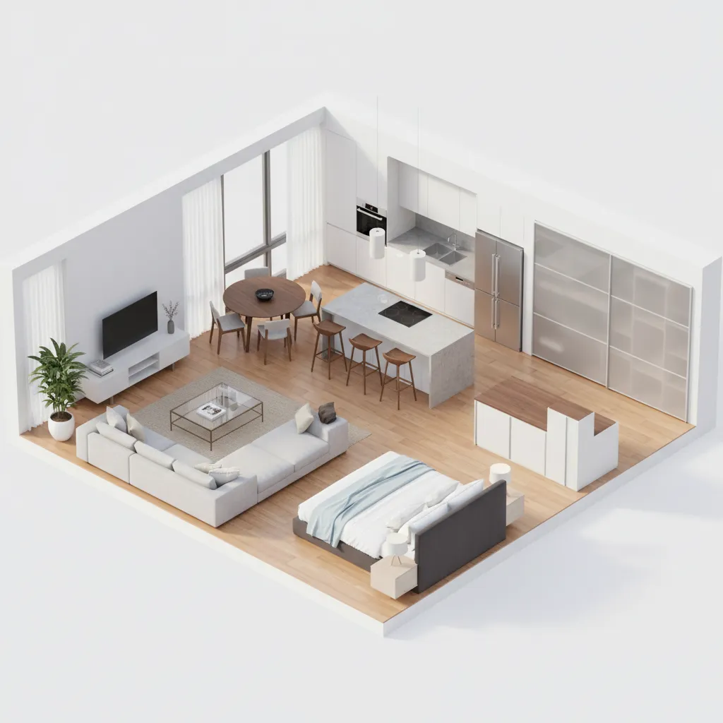Vista 3D de un plano de vivienda con mobiliario básico colocado