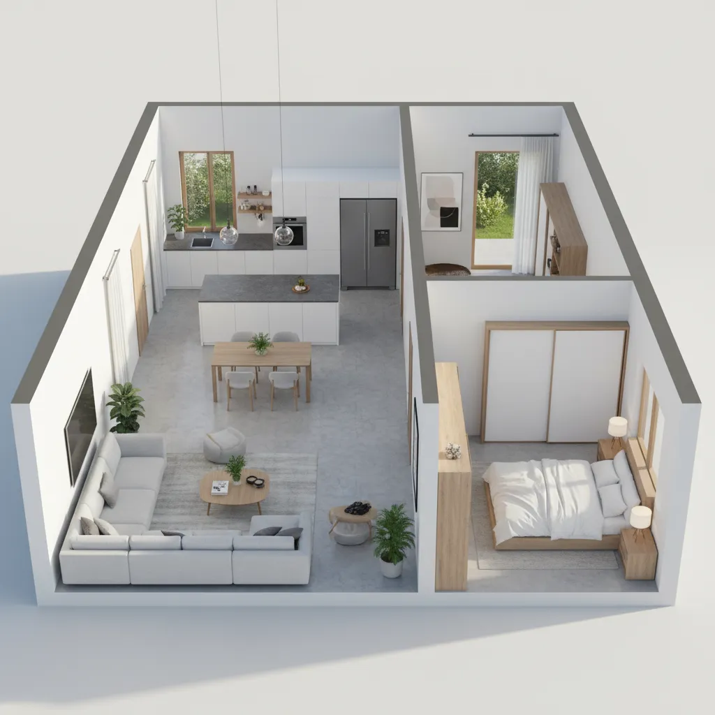 Plano de casa en 3D con habitaciones amuebladas