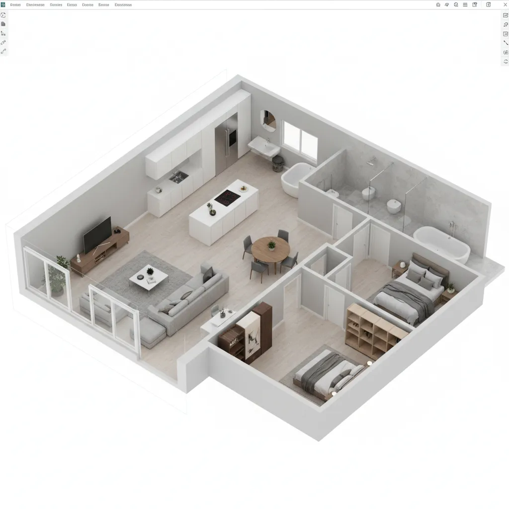 Plano completo de una casa visualizado en software de diseño 3D
