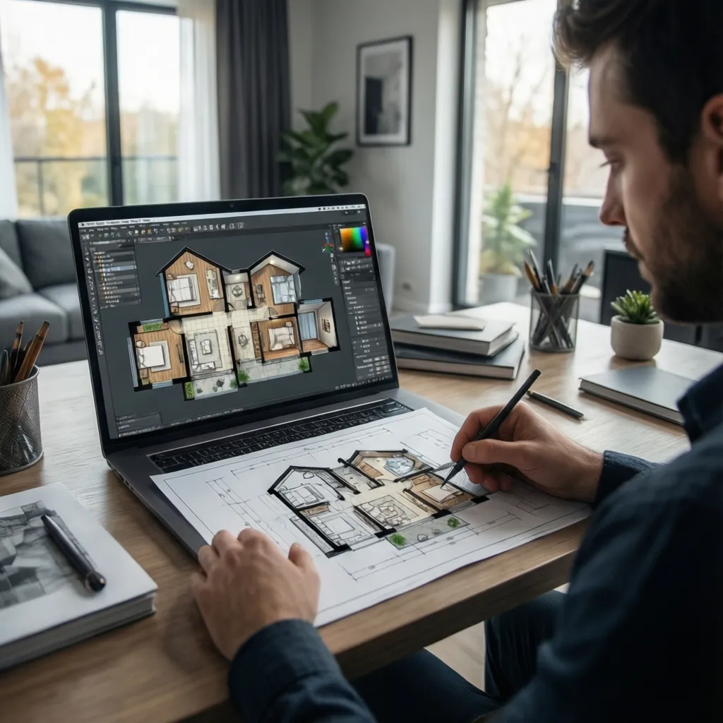 Persona creando un plano de casa en ordenador portátil