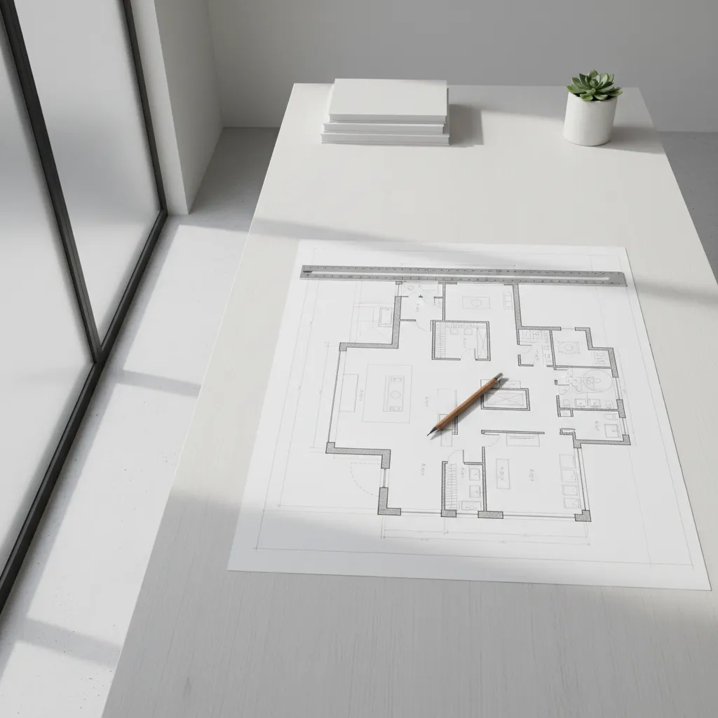 Plano de vivienda dibujado sobre una mesa con herramientas de diseño