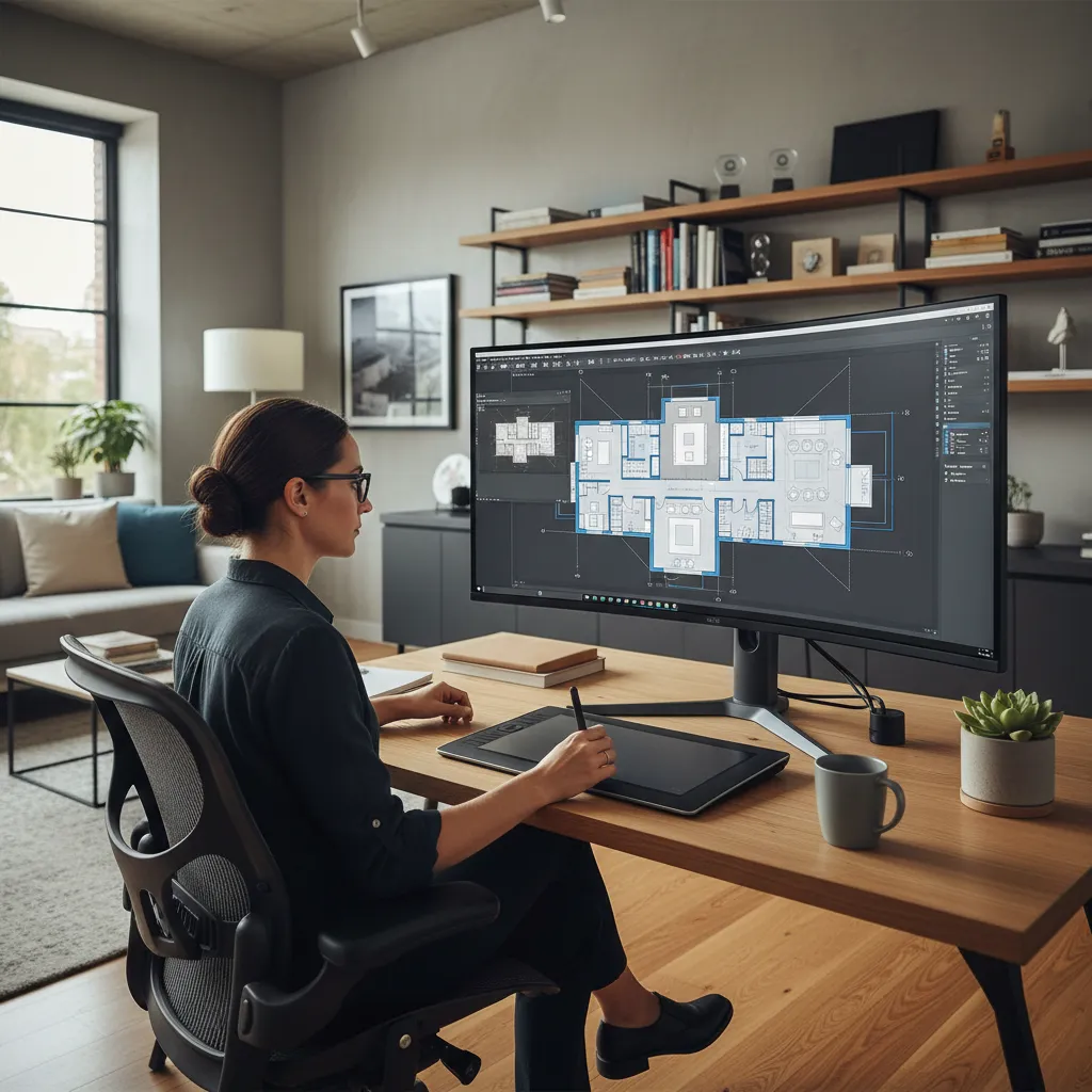 Persona dibujando el plano inicial de una casa en software de diseño