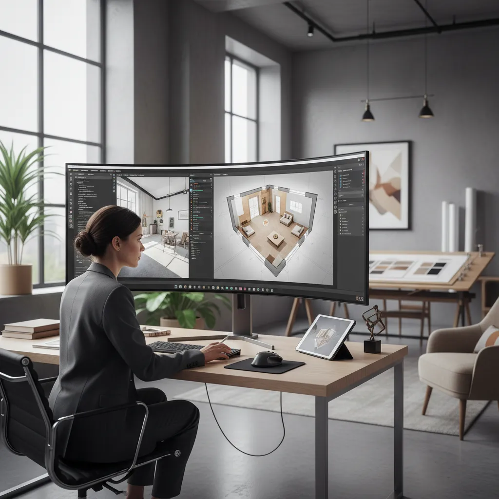 Diseñador trabajando en plano digital de casa en computadora