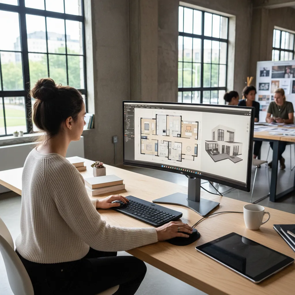 Persona diseñando plano de casa en ordenador con software de diseño interior