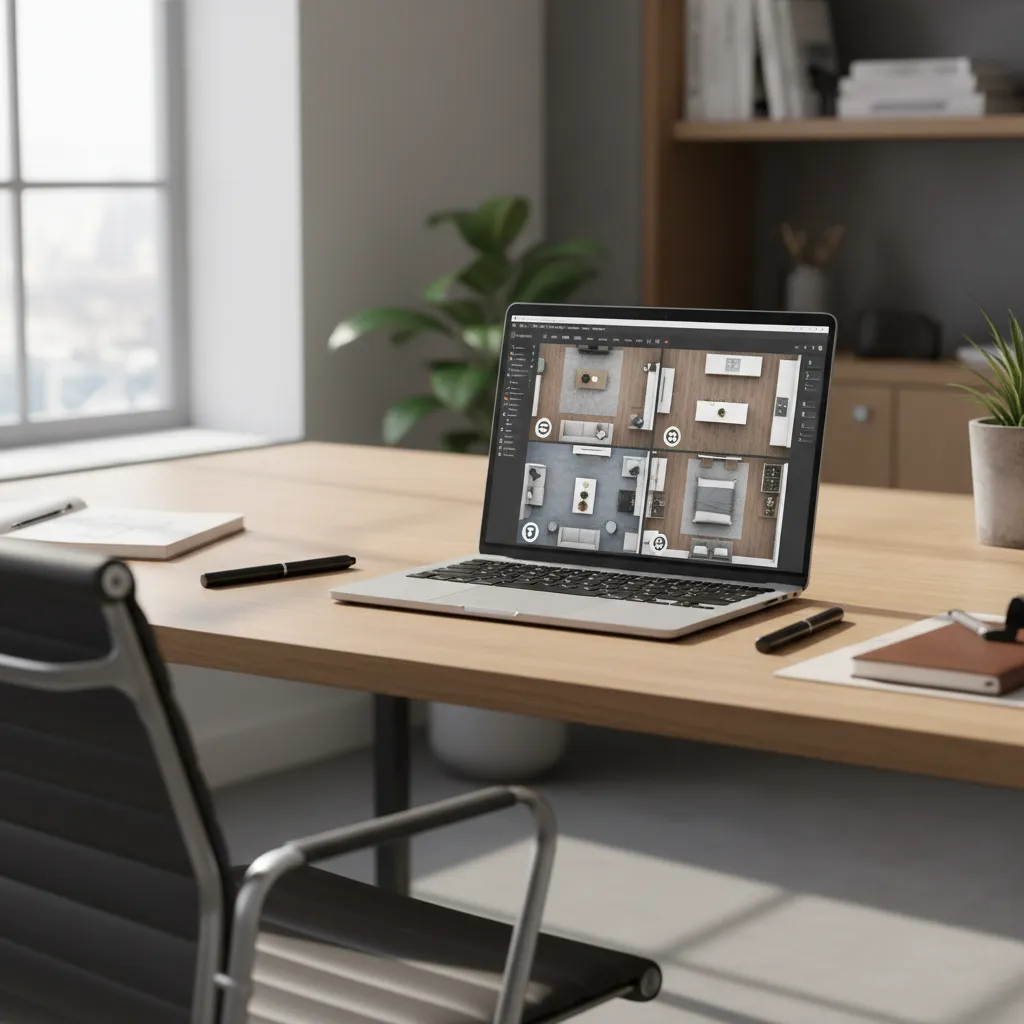 Laptop on wooden desk showing four top down interior design drawings within professional house software