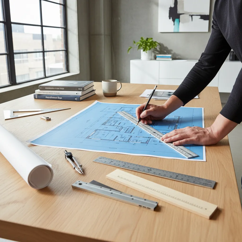 Person using pencil and ruler to draw on blue house floor plan at wooden desk