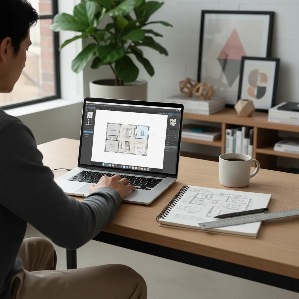 Person using a laptop to create an interior design floor plan with a paper sketch