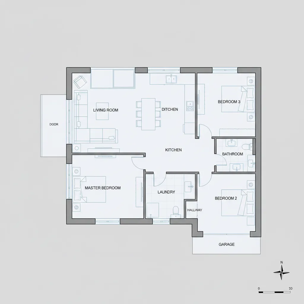 Plano digital de una casa con habitaciones organizadas y medidas visibles