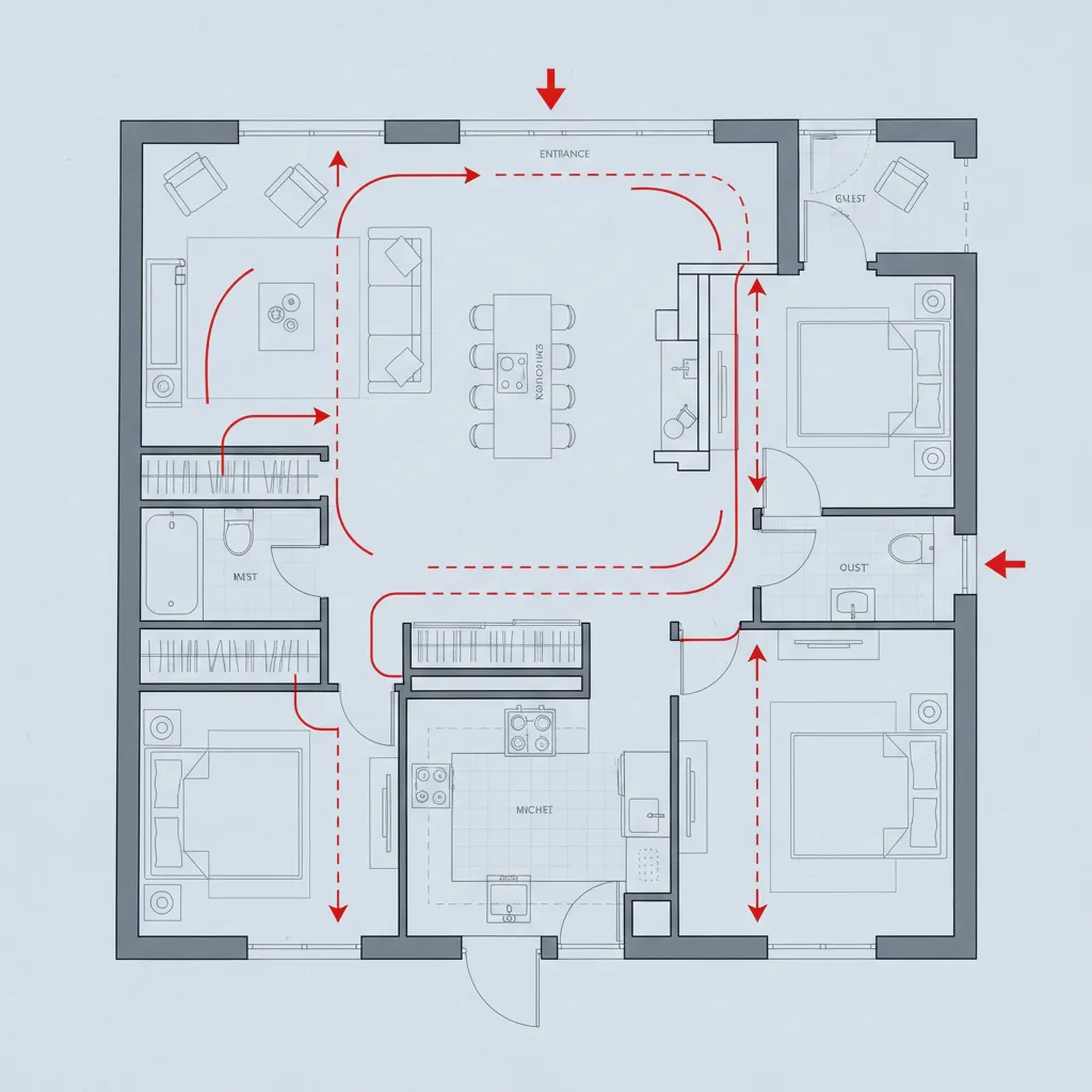 Plano de casa con líneas de circulación marcadas