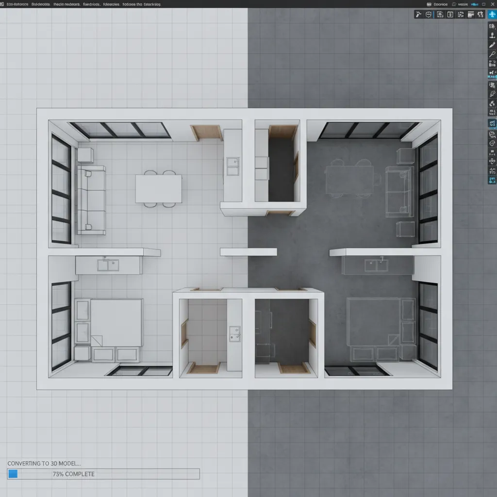Vista superior de plano de casa con distribución de habitaciones
