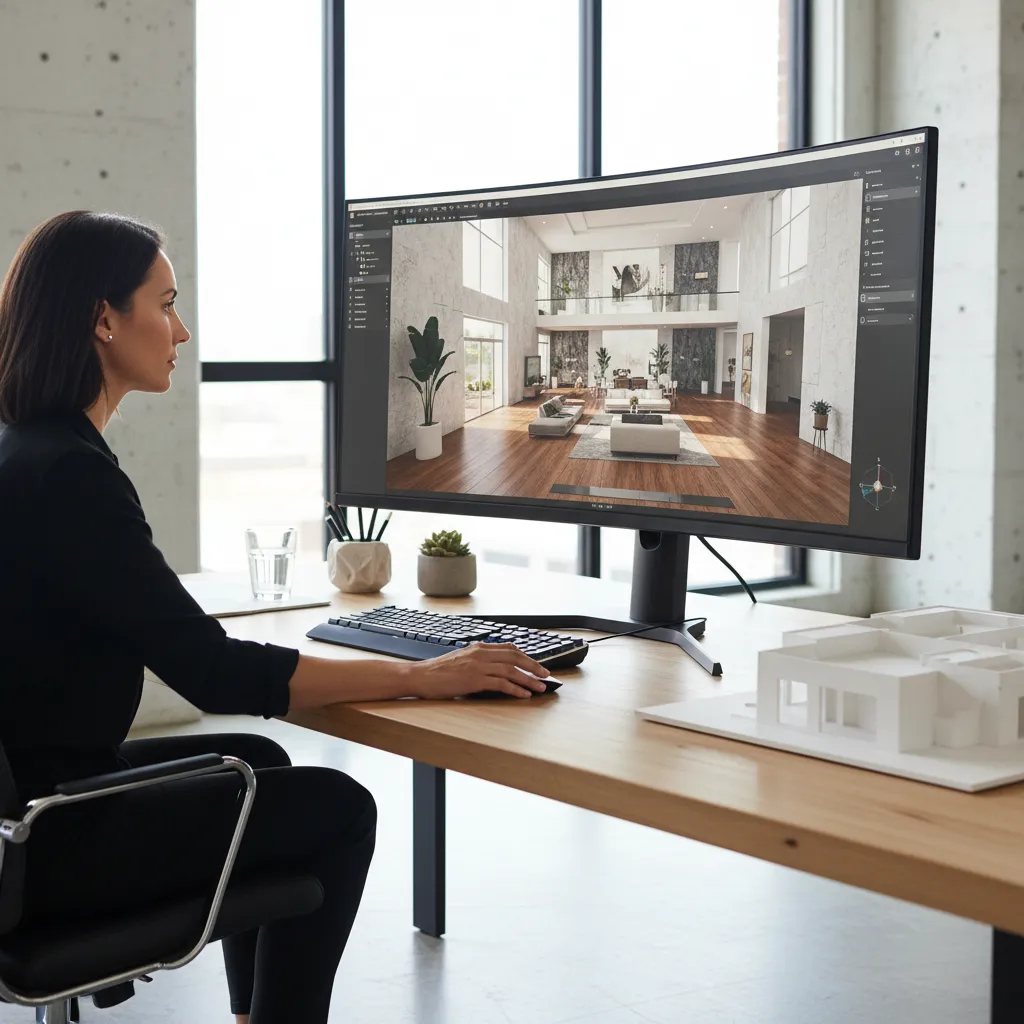 Diseñador creando plano de vivienda en software 3D