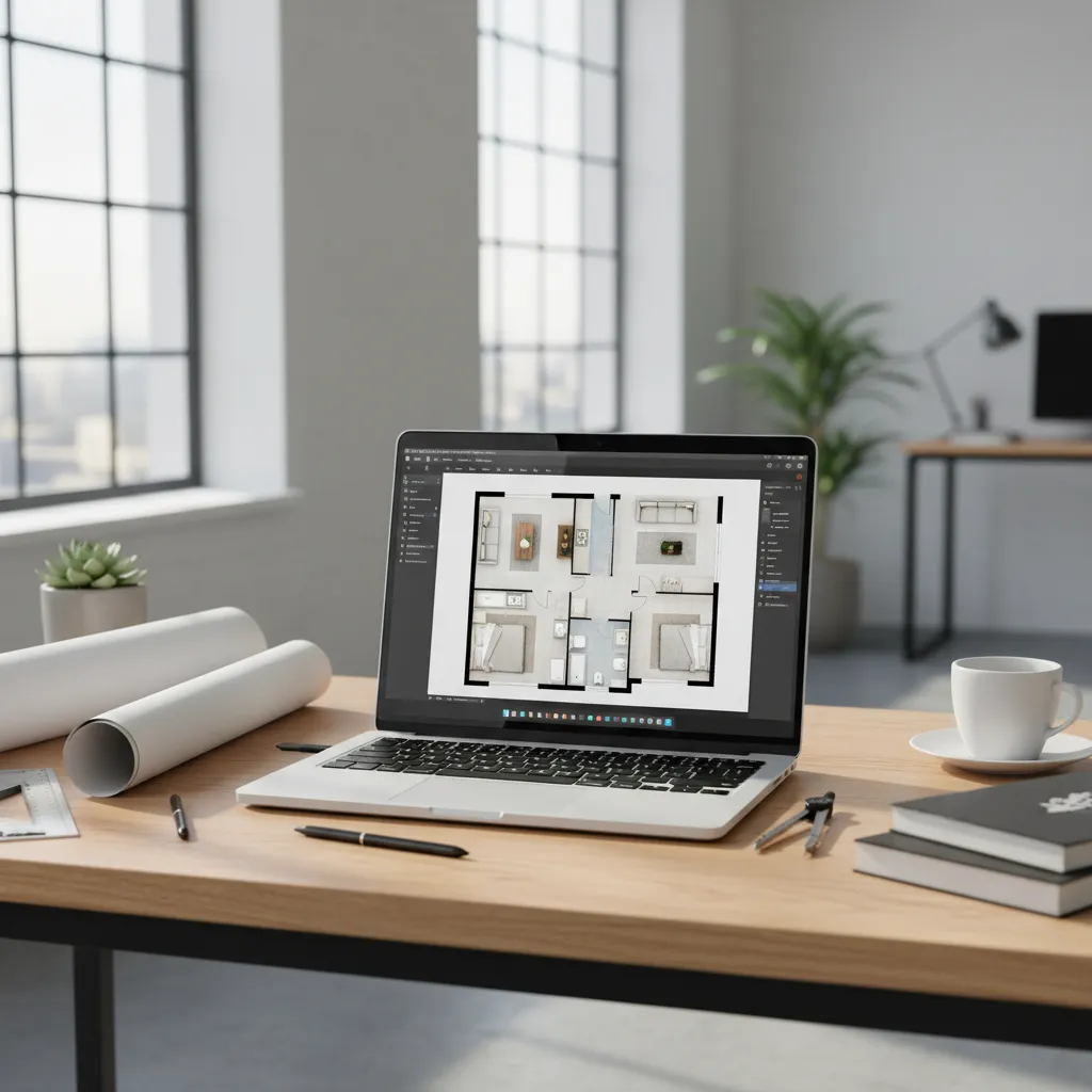 Pantalla de laptop mostrando plano digital de distribución interior