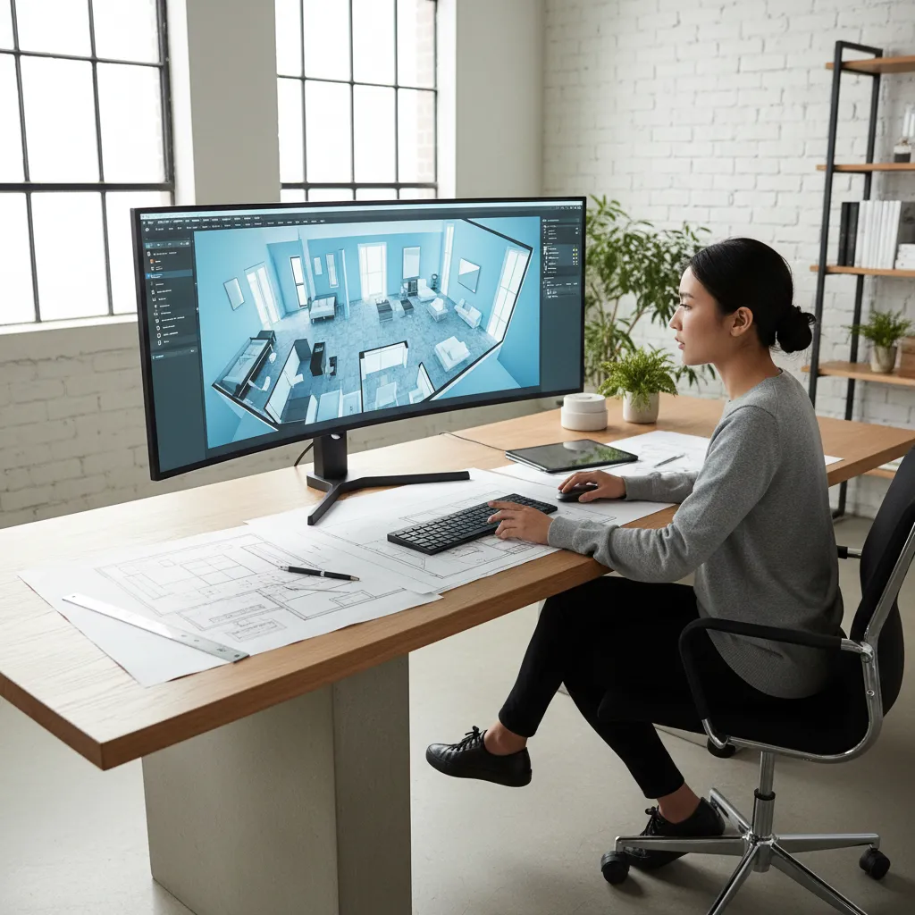 Diseñador trabajando en un plano 3D de distribución interior