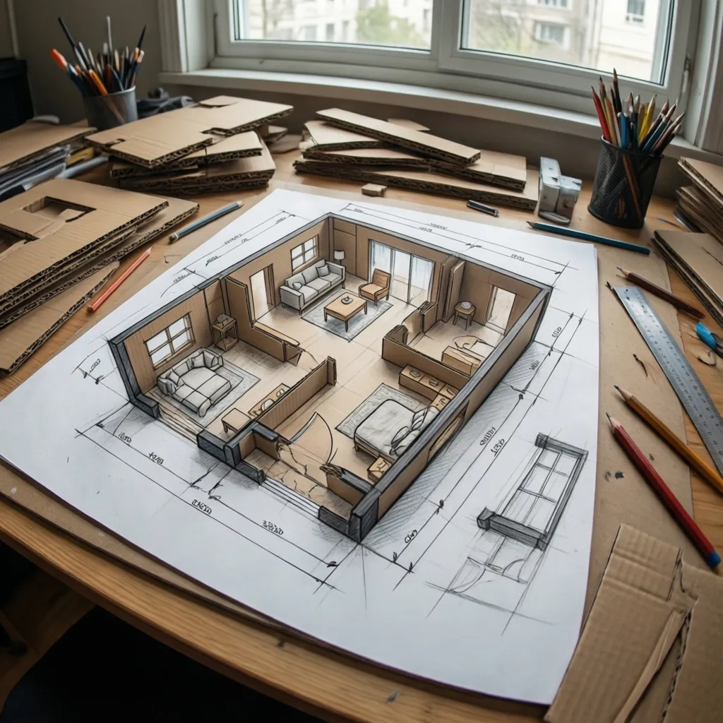 Plano sencillo dibujado para diseñar una casa de cartón