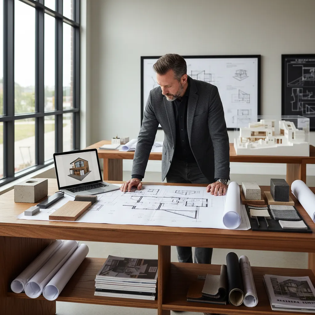 Professional man looking at a paper floor plan on wooden table with laptop and materials