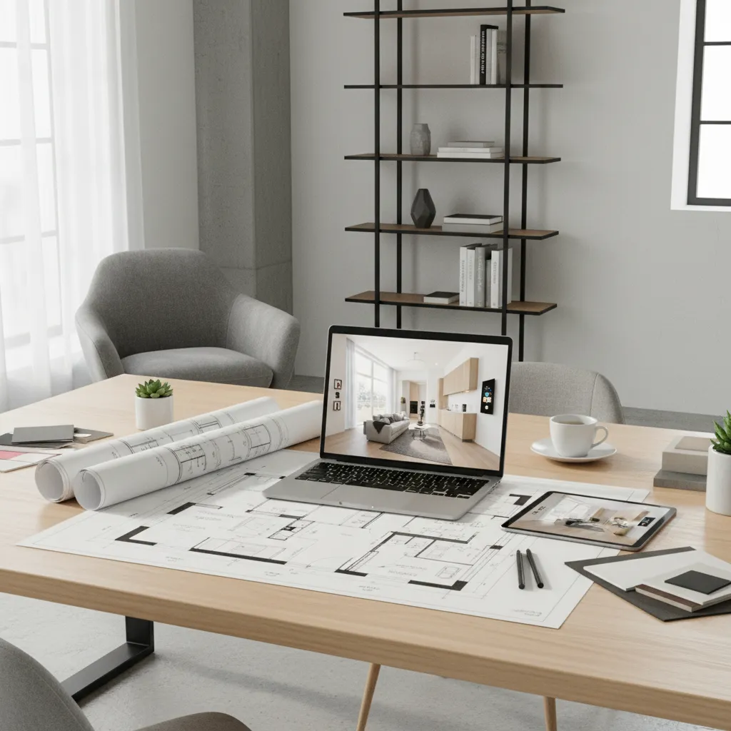 Interior design drawing and floor plan on wooden table with laptop showing modern room layout