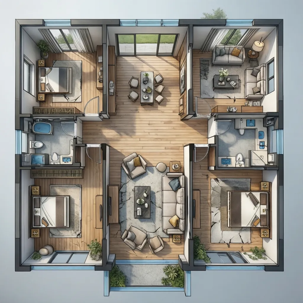 Interior design drawing of house layout with three bedrooms two bathrooms wooden floors and furniture