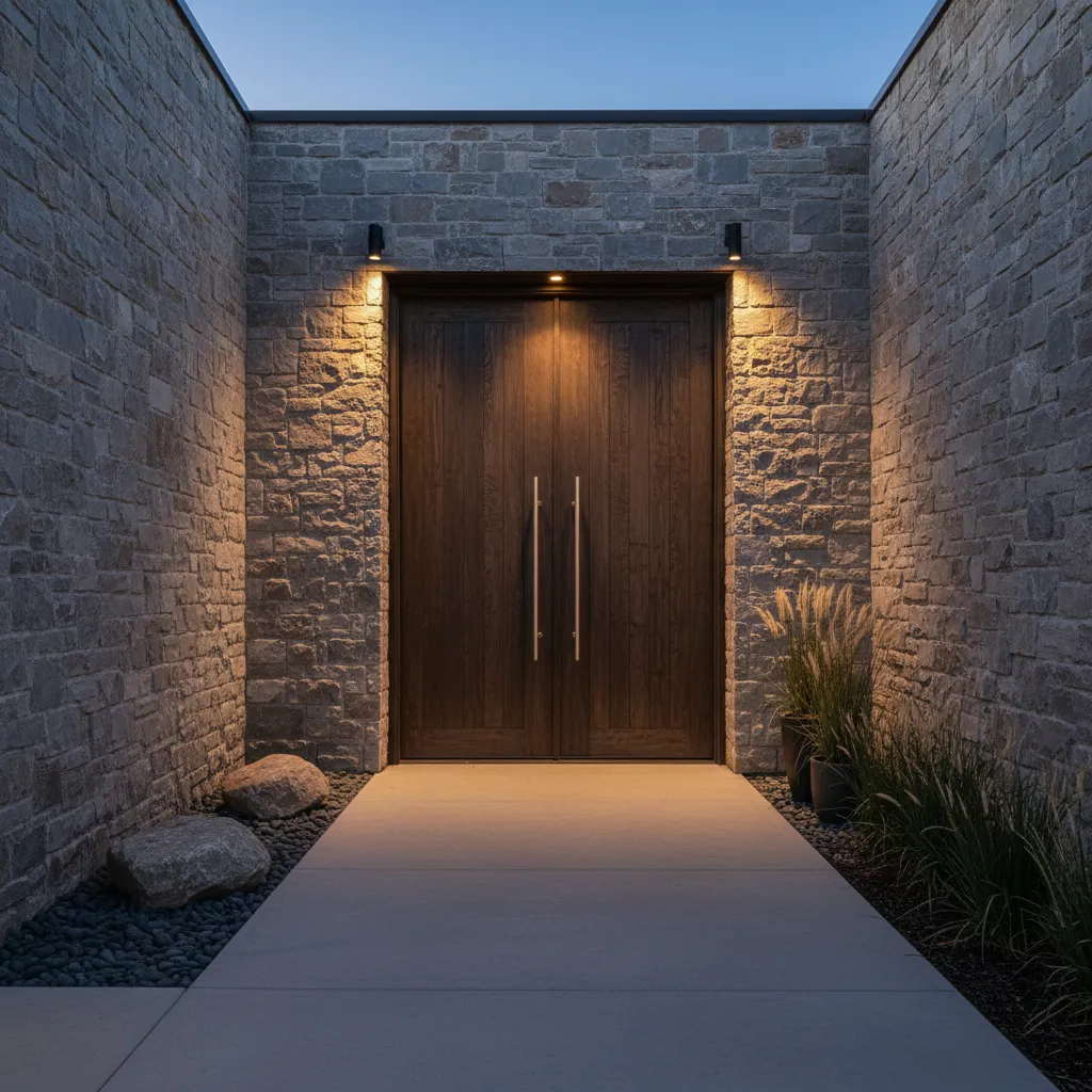 Modern dark wood double front door set in a textured stone wall with warm lighting
